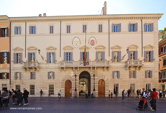 The Spanish Embassy to the Holy See, the first to open in Rome, gives the name to the square and to the Steps, in Italian Piazza di Spagna